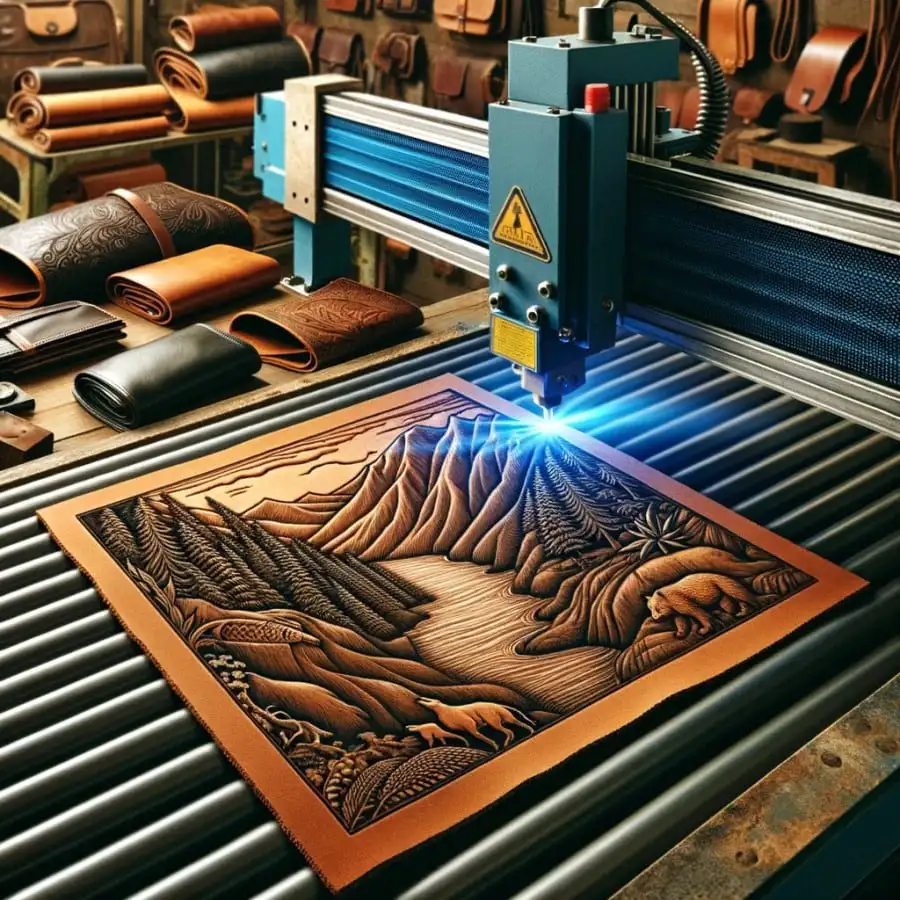 Blue Laser Engraver for Leather Engraving a Beautiful Landscape on a Leather Patch Next to Leather Products